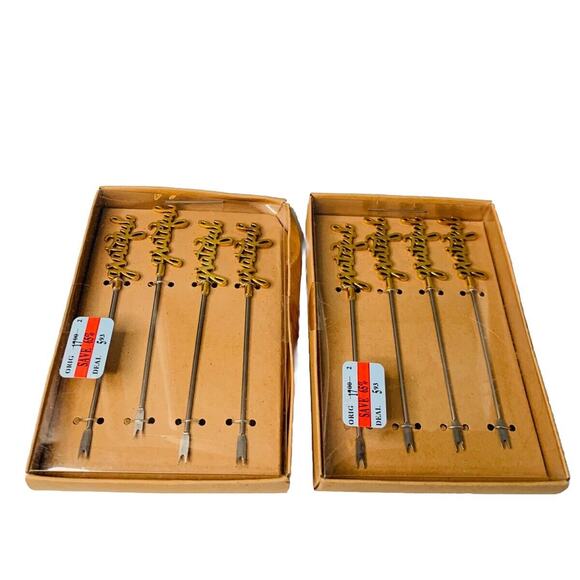 Macy's Other - (2) Sets Of 4 Cocktail Picks 2 Prong Metal Gold Grateful Appetizer Forks New